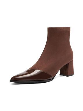 NEWBELLA Brown Leather Chunky Block Heel Ankle Boots
